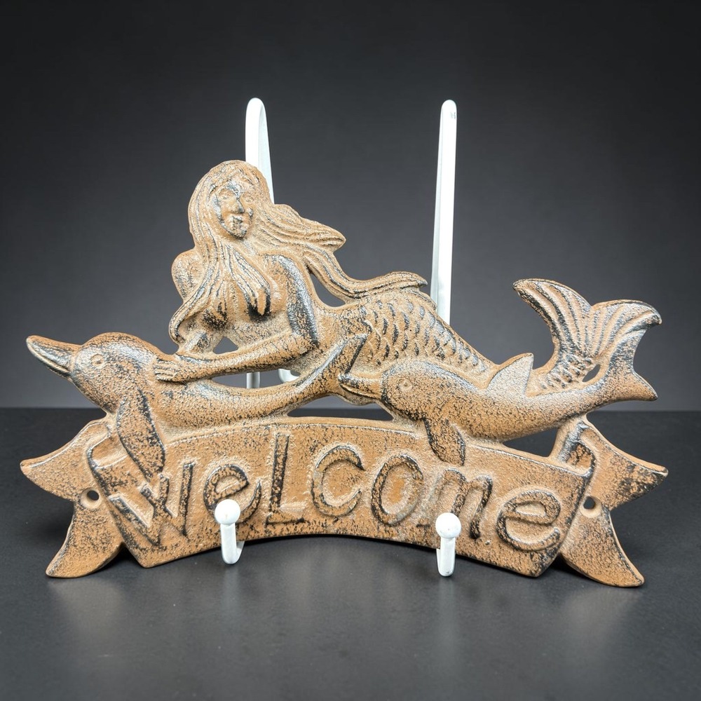 Cast Iron Mermaid Welcome Sign Brown Nautical Dolphin Wall‎ Plaque Coastal Decor